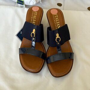 Italian Shoemaker wedge sandals 3" heel, Navy size 8M gold hardware